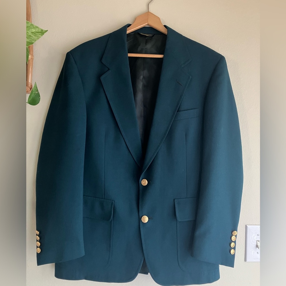 Vintage Palm Beach Belk Mens Teal Suit Coat Jacket Blazer Size Gold Buttons VTG